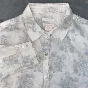 Shabby Chic Linen Floral Button Down Shirt Women's Size Medium White Blue